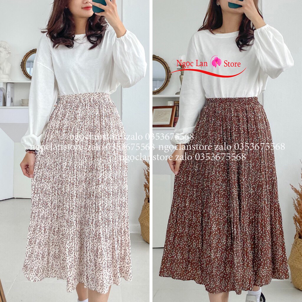 Chân Váy Hoa Nhí Dáng Dài 2 Lớp Chân Váy Xếp Ly Nhăn Siêu Đẹp