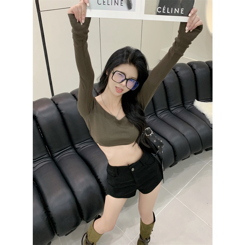 Áo dệt kim tay dài dáng ngắn phong cách Hàn Quốc thời trang quyến rũ cho nữ