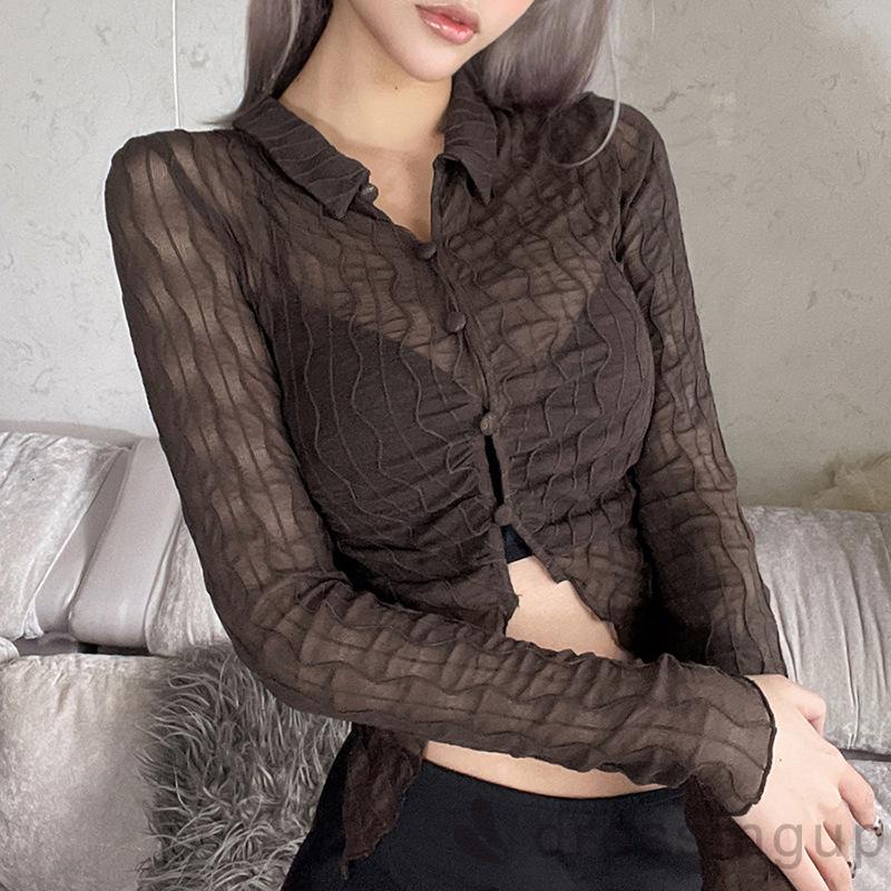 DRE-Women Summer Shirt, Long Sleeve Plain Lapel Buttons Sheer Short Shirt