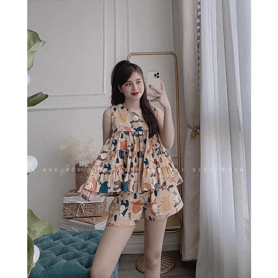 Bộ nữ đùi hình sát nách dáng Babydoll. Chất thô xước mềm đẹp.