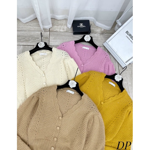 Áo len cadigan cổ V tay phồng