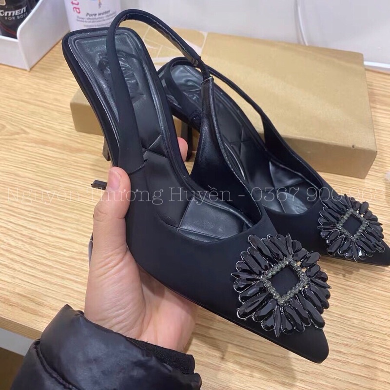 Giày cao gót mũi nhọn đá full đen ZR xuất Full box MS-8632-2