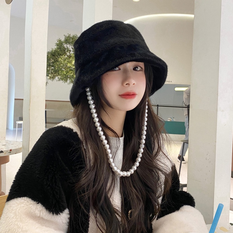 Mũ xô MG STUDIO phối lông thiết kế chuỗi ngọc trai tùy chọn màu sắc