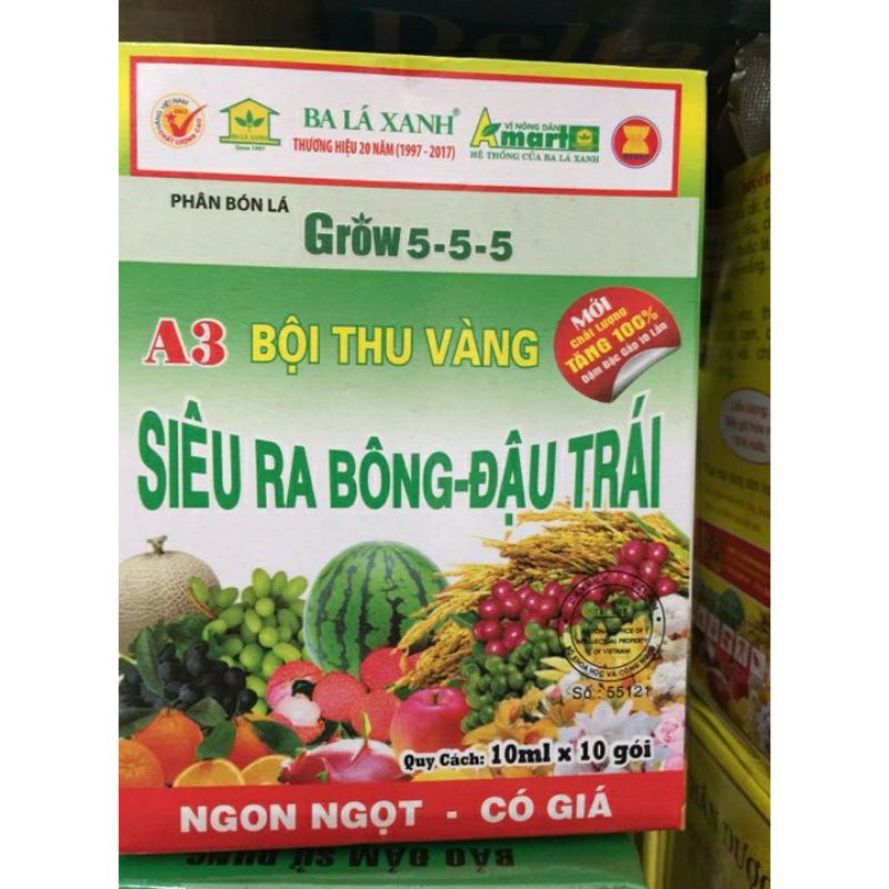bán sỉ - hộp 100 gói phân bón siêu ra hoa đậu trái - thương hiệu Ba lá Xanh.