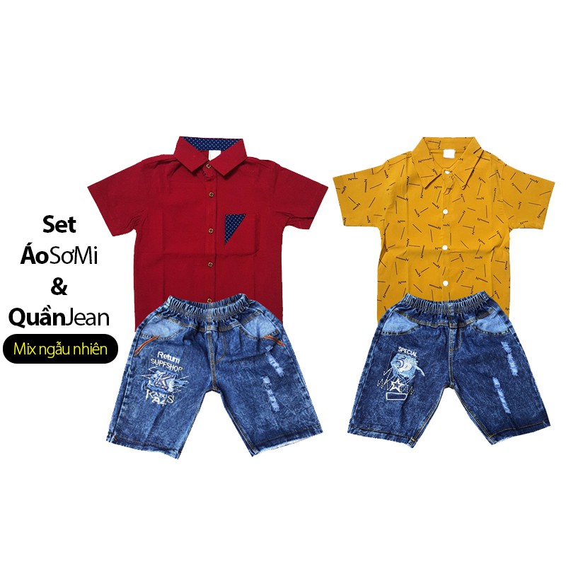 Set gồm áo sơ mi và quần jean cho bé mẫu và màu ngẫu nhiên size từ 7-33kg