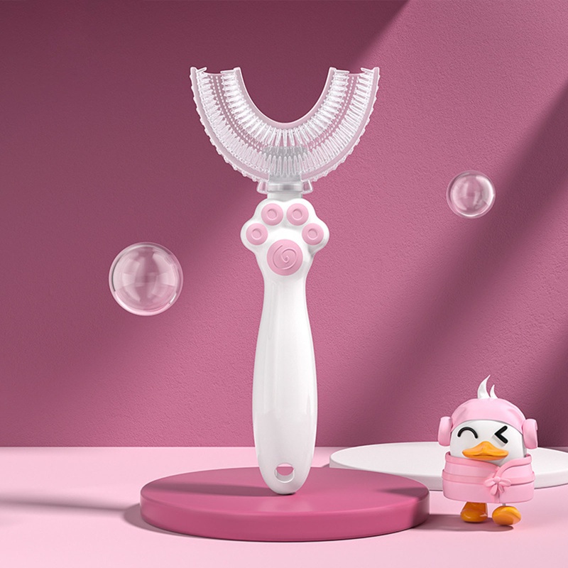 Bàn chải đánh răng hình chữ U làm sạch 360 độ bằng silicone mềm có dây buộc cho trẻ nhỏ