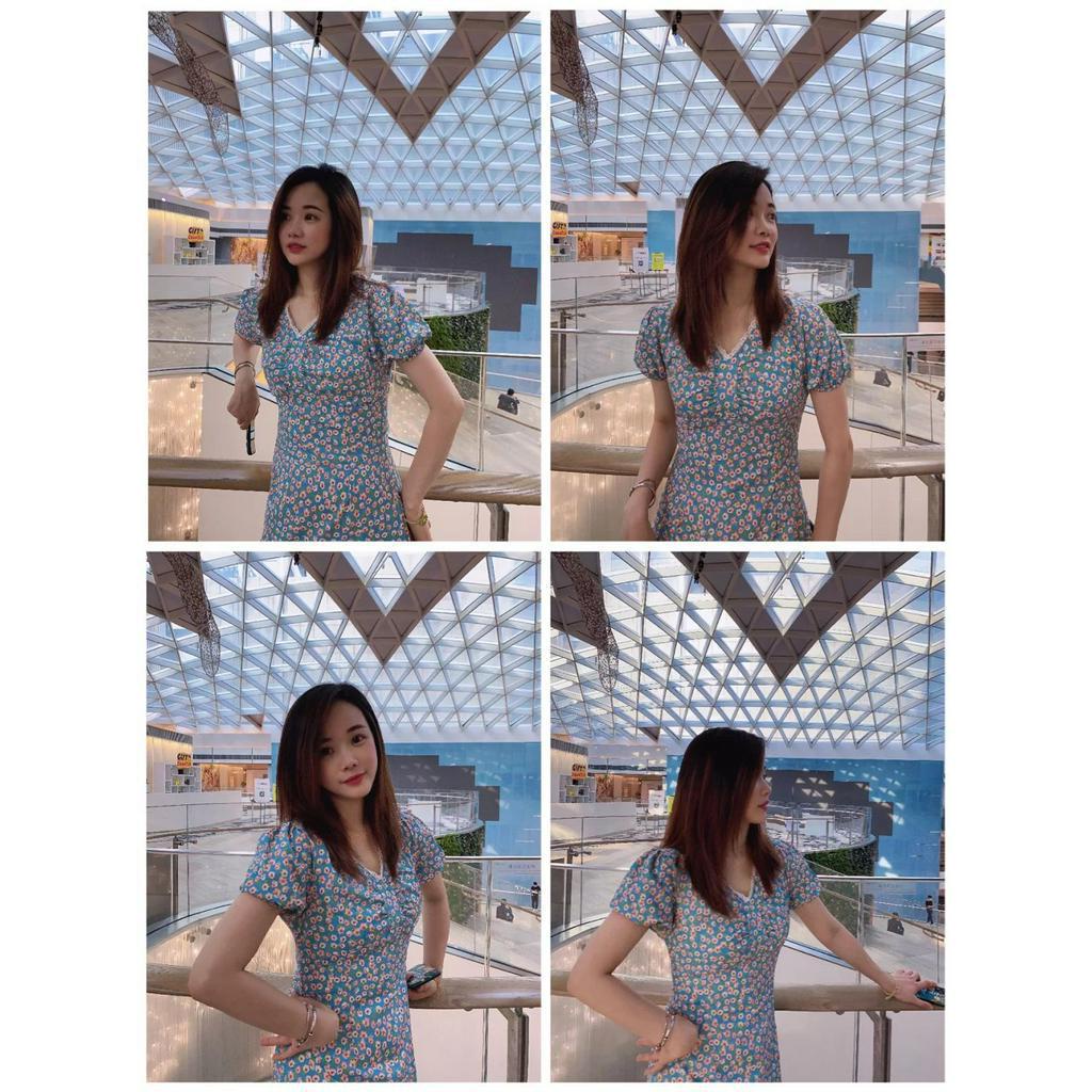 Đầm Nữ Ngắn Tay Cổ Chữ V In Hoa Thời Trang
