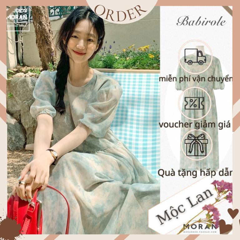 (MộcLan ORDER)  Váy MORAN voan hoa xanh loang pastel thun eo xòe dài bồng bồng vintage tiểu thư nhẹ nhàng