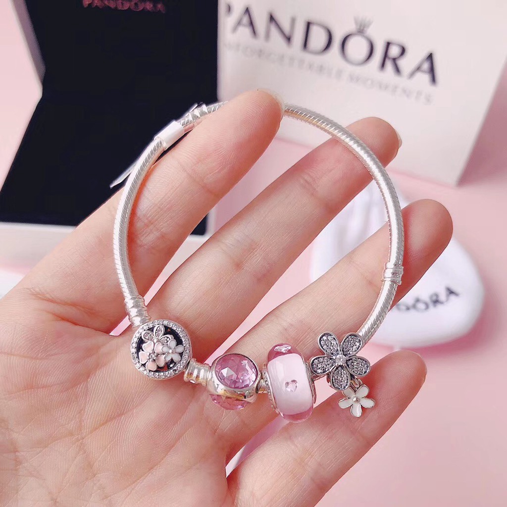 PANDORA Vòng Tay Bạc 925 Hình Cỏ Bốn Lá Đính Đá Pha Lê Hồng Aa03564Sfsd Asrt666