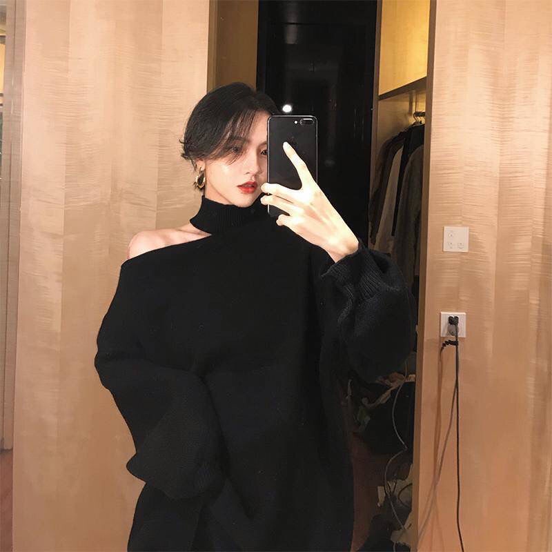 Áo Sweater Dệt Kim Tay Dài Dáng Rộng Cổ Treo Hở Vai Thời Trang Thu Đông Cho Nữ 2021