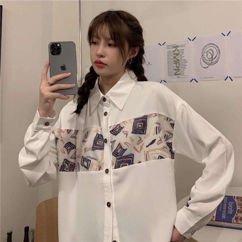 Áo Sơ Mi Dáng Rộng Họa Tiết Khối Màu Sắc Thời Trang Mùa Thu Cho Nữ