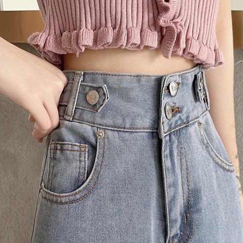 Korean style high waist jeans for students women slim fit slimming versatile Daddy ankle-length pants little Daisy butto