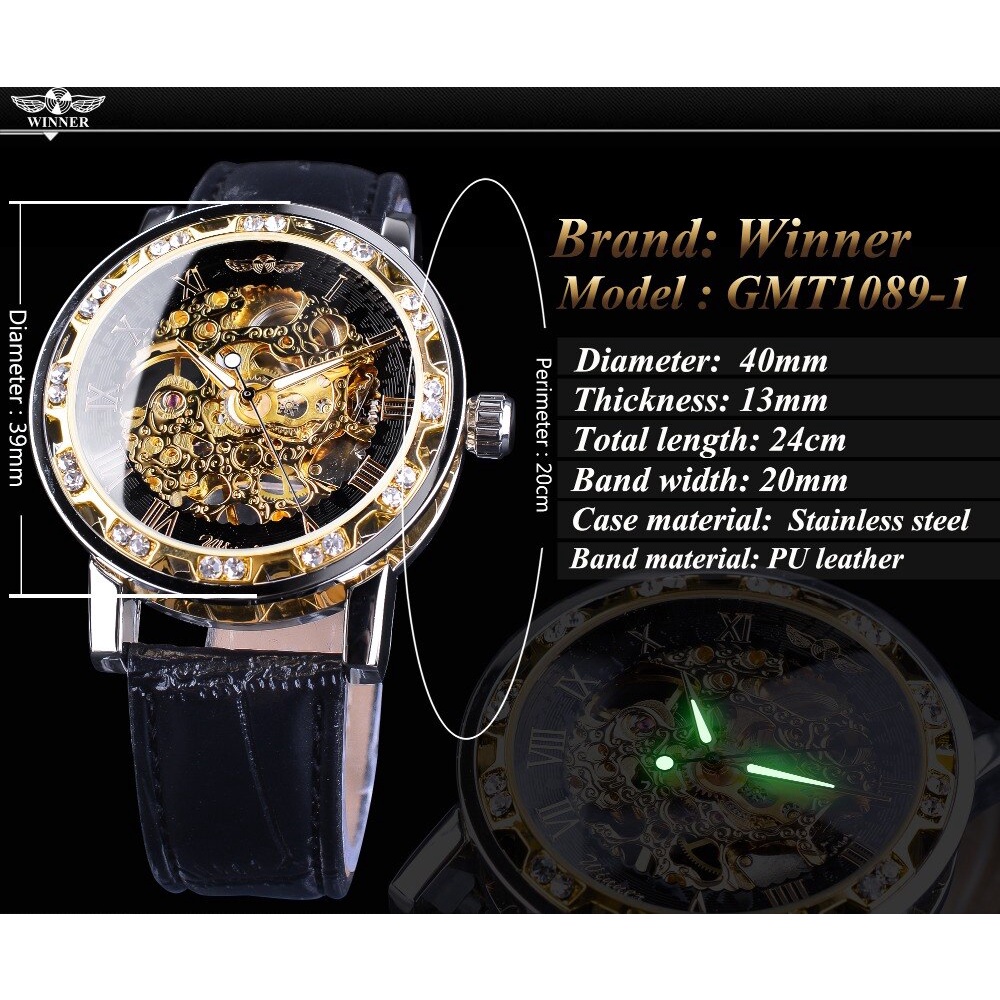 Winner Đồng Hồ Cơ Lộ Máy Mặt Kim Cương Màu Vàng Đen Phong Cách retro Sang Trọng Cho Nam