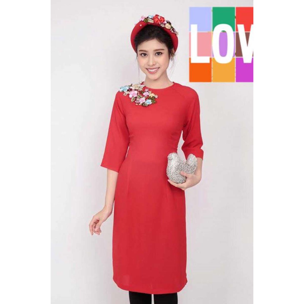 Áo dài cách tân nguyên set thêu hoa vai ( kèm quần legging thun)