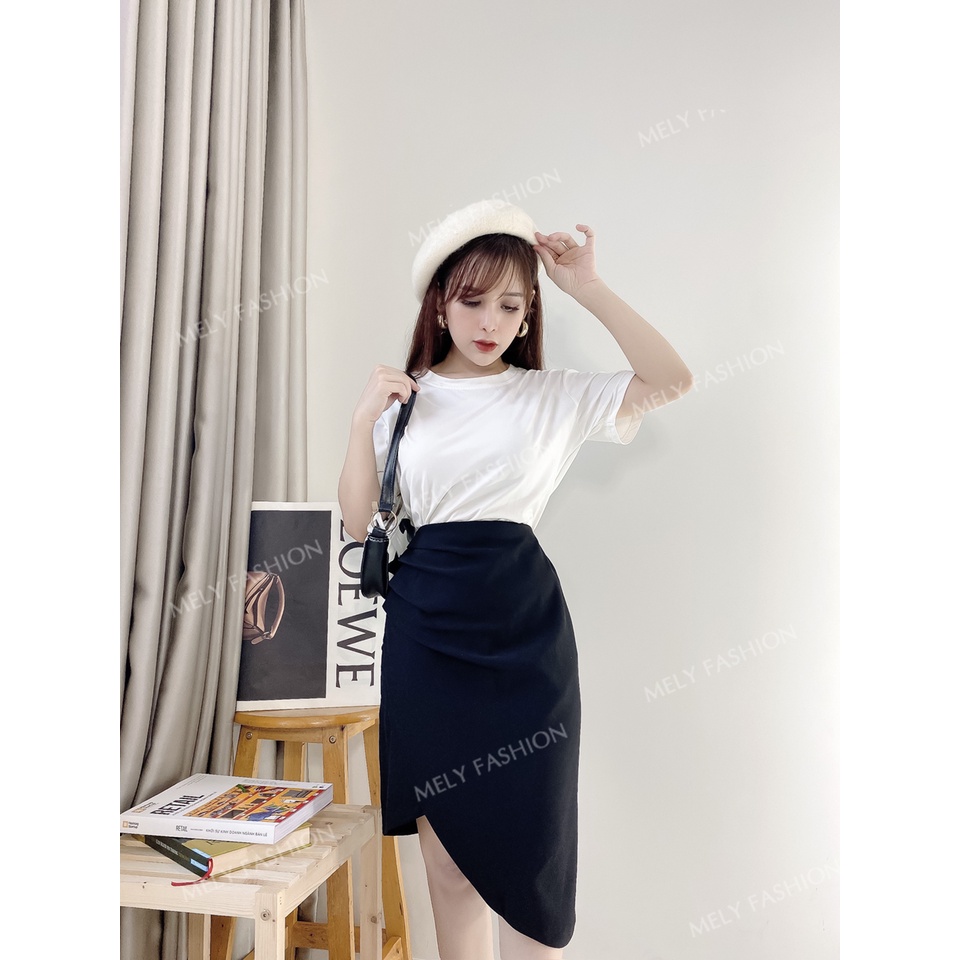 Chân váy Midi dài xẻ tà nhún eo giấu bụng phong cách sang trọng có bigsize Mely's Fashion CV21