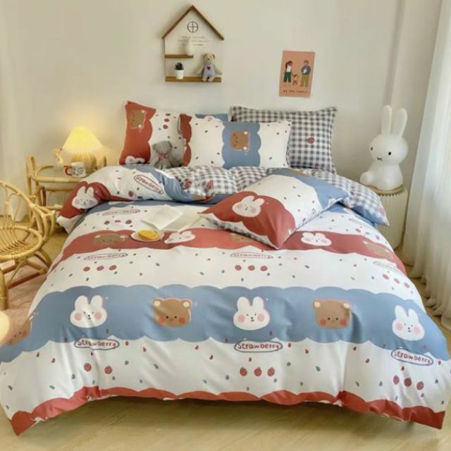 Cotton Poly Bộ Chăn Ga Gối Gấu Nâu Thỏ Trắng