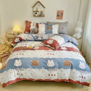 Cotton Poly Bộ Chăn Ga Gối Gấu Nâu Thỏ Trắng