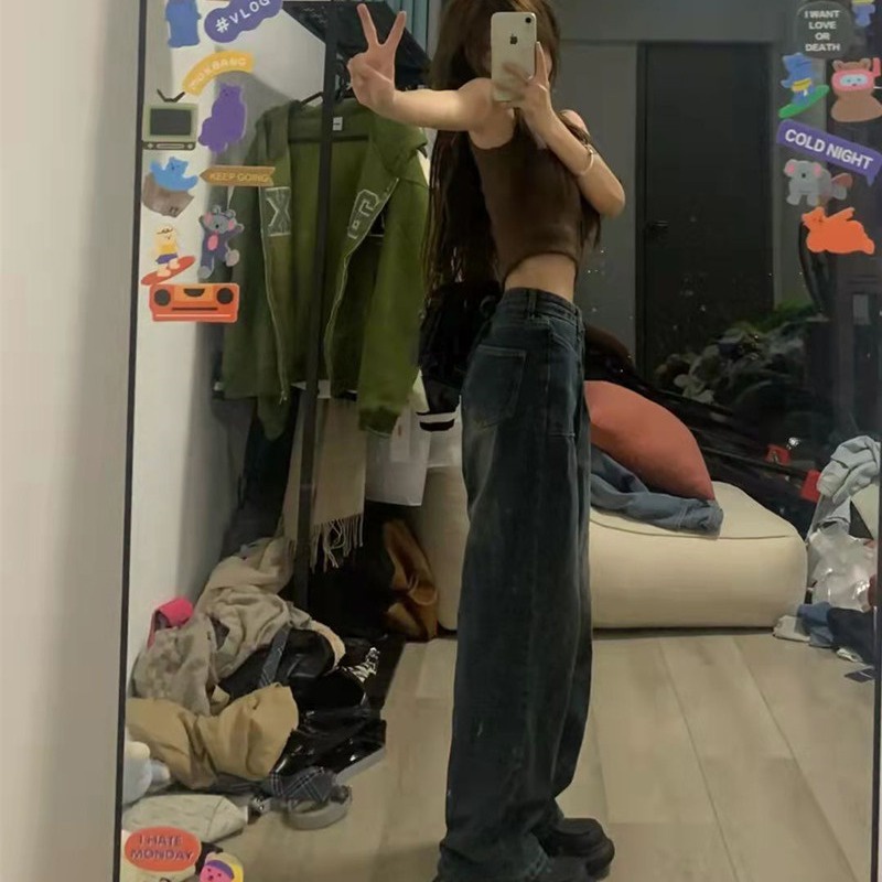 Quần jeans XIAOZHAINV dài ống rộng lưng cao kiểu vintage thời trang