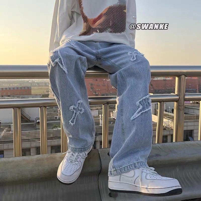quần baggy jean thiêu thánh giá có 2 màu đen/xanh