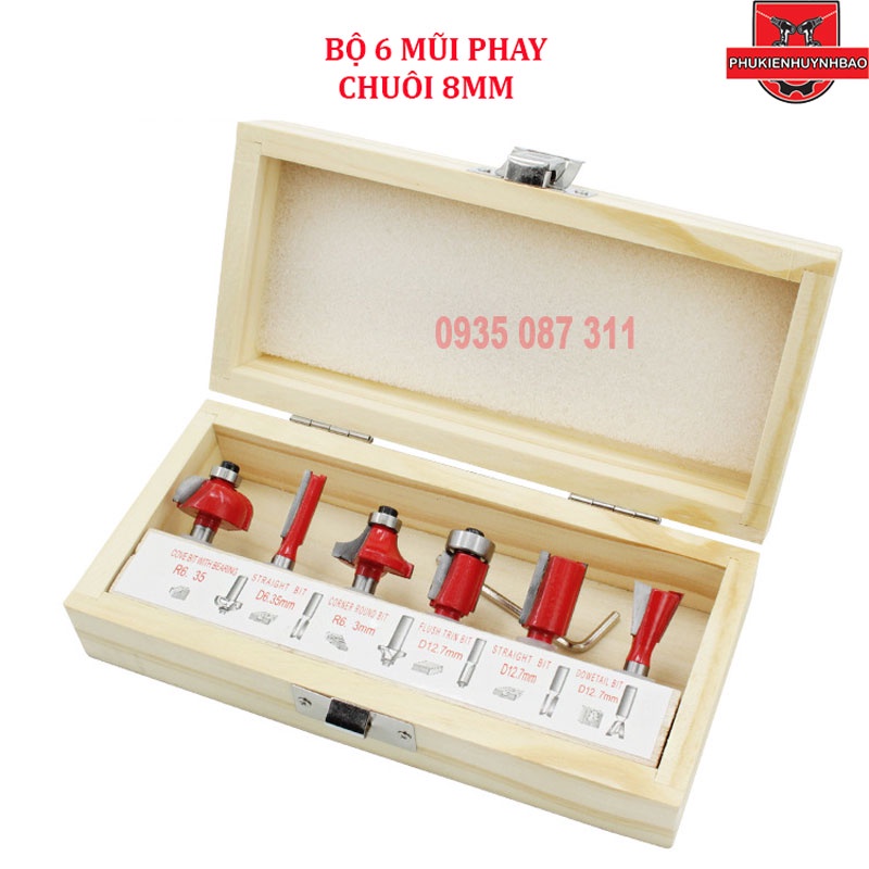 BỘ 6 MŨI PHAY GỖ CỐT 8MM