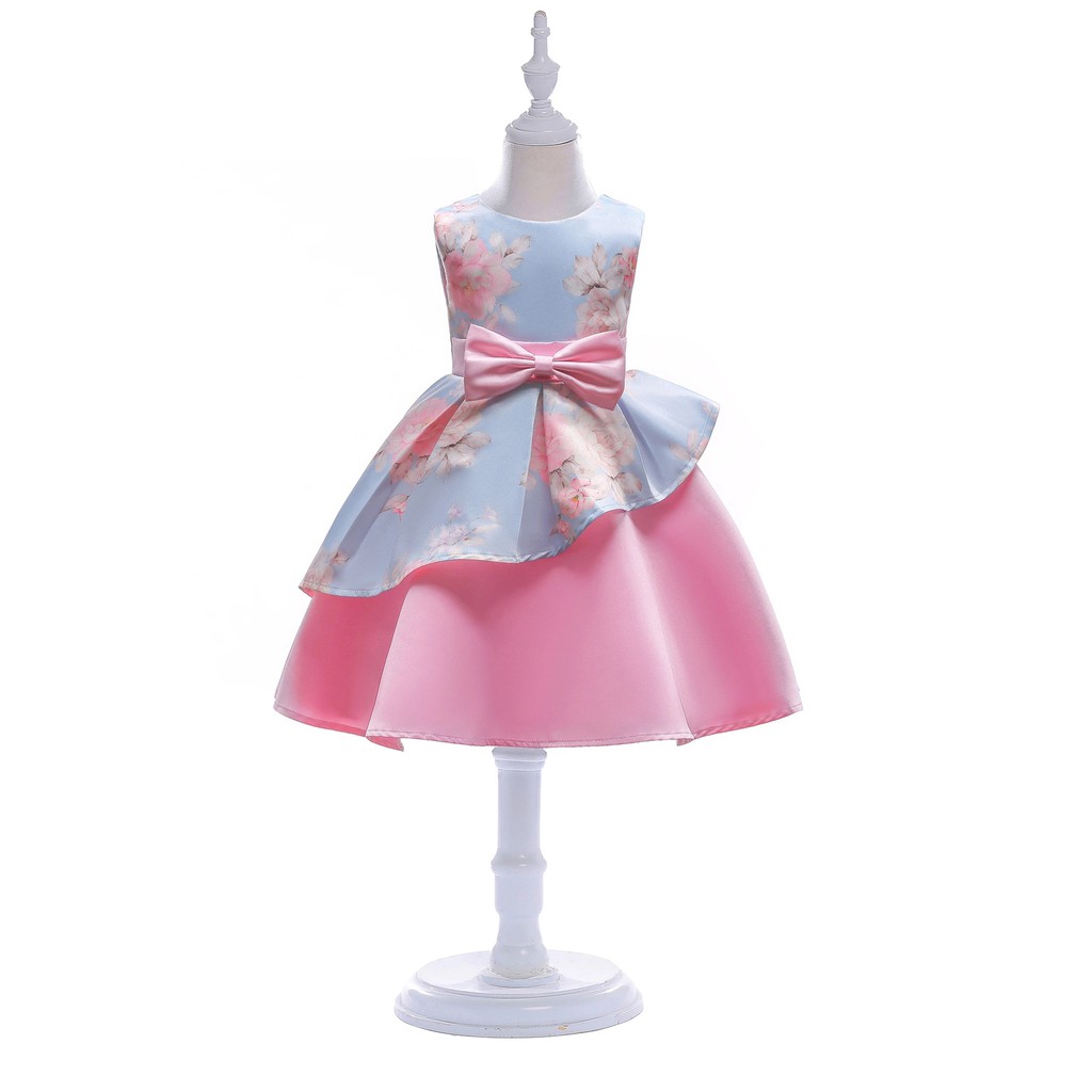 Váy đầm công chúa cho bé gái 3 đến 9 tuổi Váy dạ hội dự tiệc in hoa hai tầng chân váy chéo nơ bướm nhấn eo Màu xanh hồng