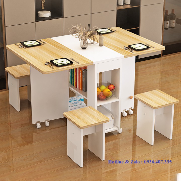 Bộ bàn ăn hình vuông bằng gỗ MDF chất lượng cao kèm 4 ghế - có thể gấp gọn và có bánh xe.