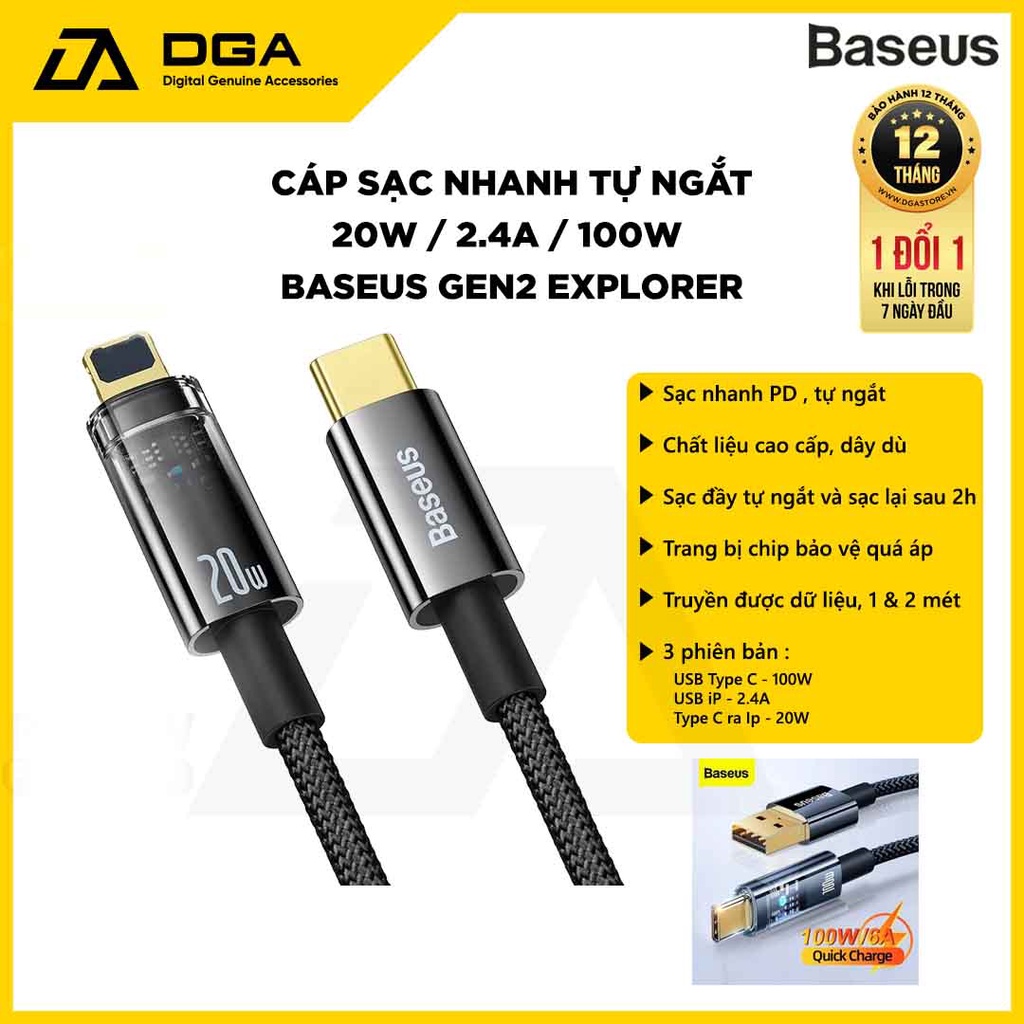 Cáp Sạc nhanh Tự Ngắt Gen2 Baseus Explorer Series cho IP/ máy tính bảng