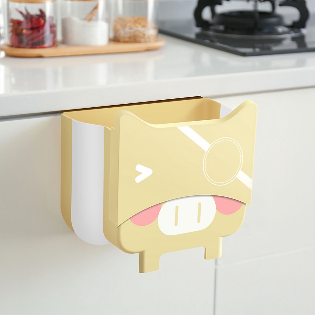 Thùng rác nhựa treo tủ bếp gấp gọn treo tường hoạt hình lợn đa chức năng