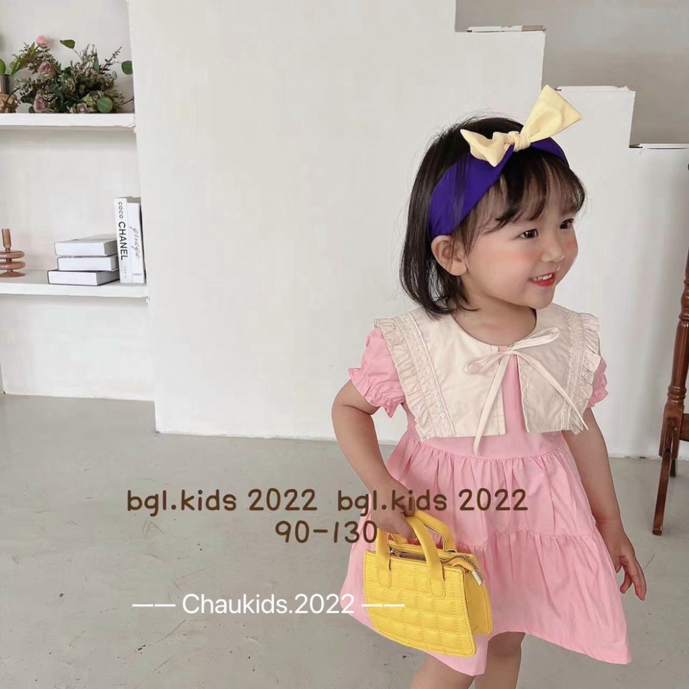 Váy xòe cổ bèo bé gái, váy babydoll 3 tầng cổ bèo trắng cột nơ cho bé gái