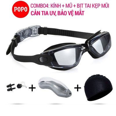 Bộ kính bơi mũ bơi, bịt tai kẹp mũi POPO 2360 trong suốt cho người lớn, cho bé chống tia UV