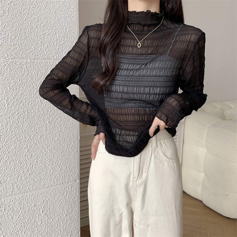 NZN Phong Cách Mới Nửa Cổ Cao Thêu Hoa Tinh Tế Bên Trong Áo Sơ Mi Ren Siêu Cổ Tích Gạc Đế