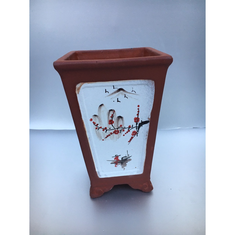 Chậu Vuông loe cao bonsai sen đá mini đất nung vẽ tứ cảnh gốm Bát tràng 1 size SP375
