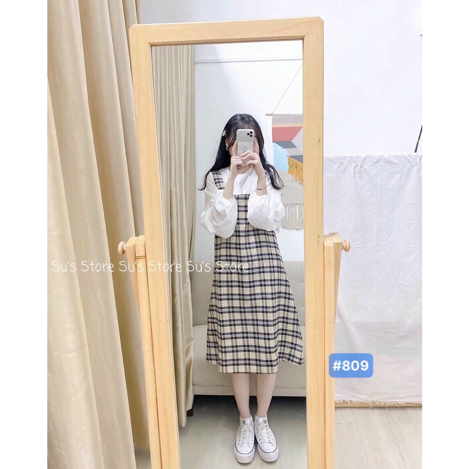 Set Yếm Kẻ Caro Áo Chun Tay Bồng Phối Yếm Dáng Rộng Unisex Thời Trang Hàn Quốc | BigBuy360 - bigbuy360.vn