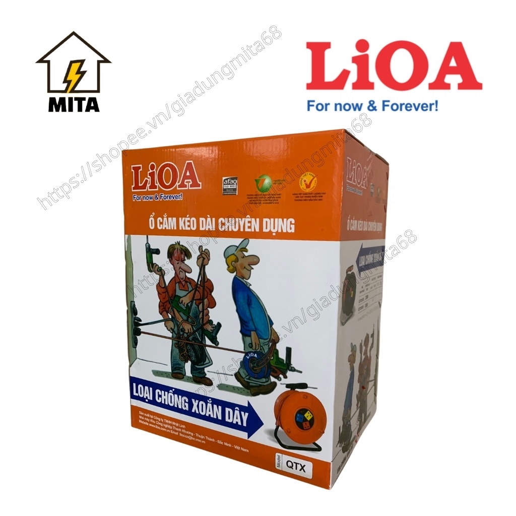 Ổ cắm điện LiOA, ổ điện kéo dài quay tay dây dài 20m/30m kiểu RULO loại chống xoắn LiOA QTX2025 / QTX3025 - MITA