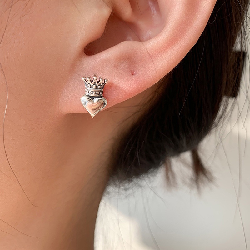Bông tai hình trái tim, bông tai Crown, bông tai Hàn Quốc độc đáo, bông tai nữ cá tính thời trang, bông tai kim bạc hip-hop