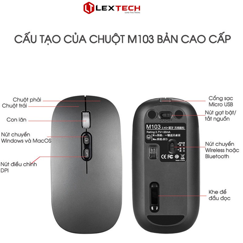 Chuột bluetooth wireless không dây LexTech M103 chống ồn silent PIN sạc 1 tháng, dùng cho điện thoại laptop macbook ipad