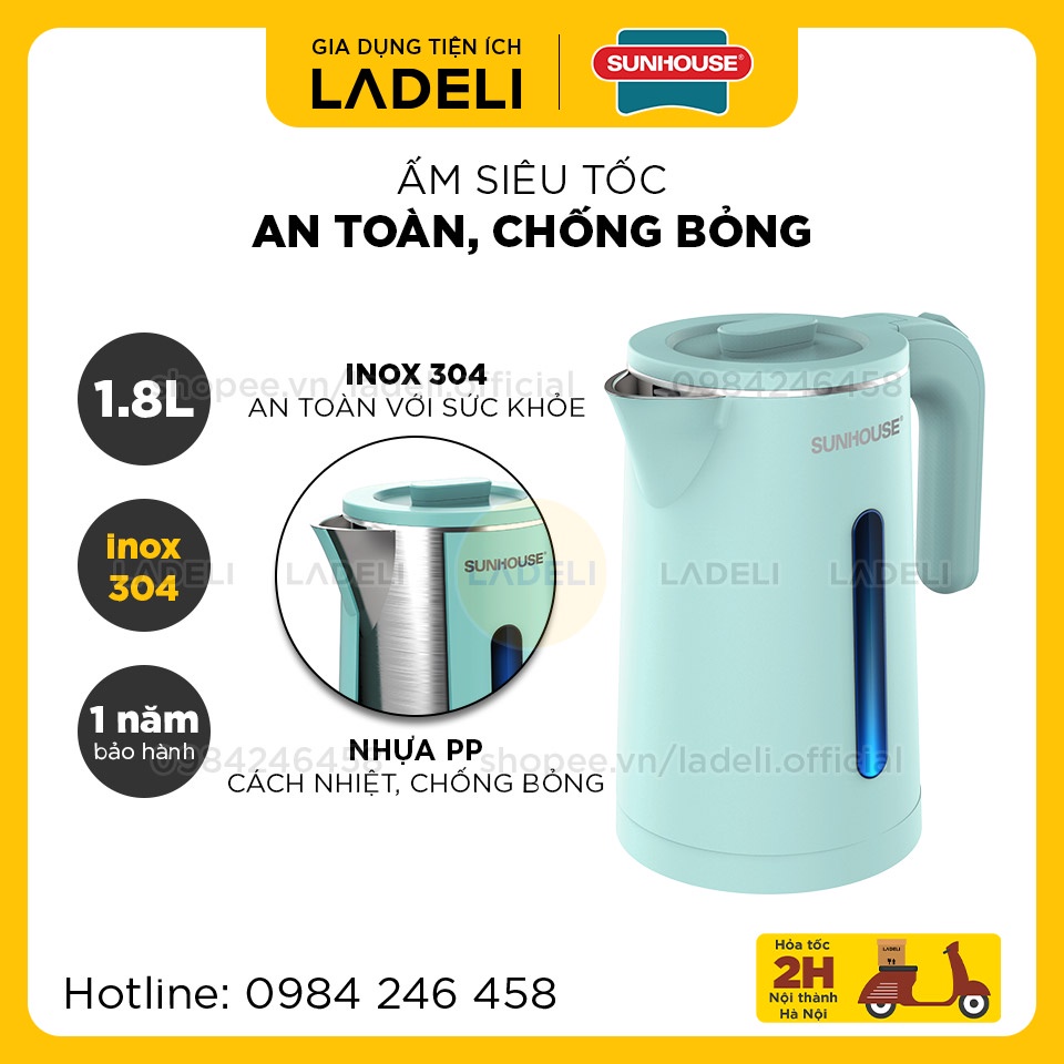 [Mã ELHADEV giảm 4% đơn 300K] Ấm siêu tốc inox 1.8L SUNHOUSE SHD1351 bọc nhựa PP chống bỏng