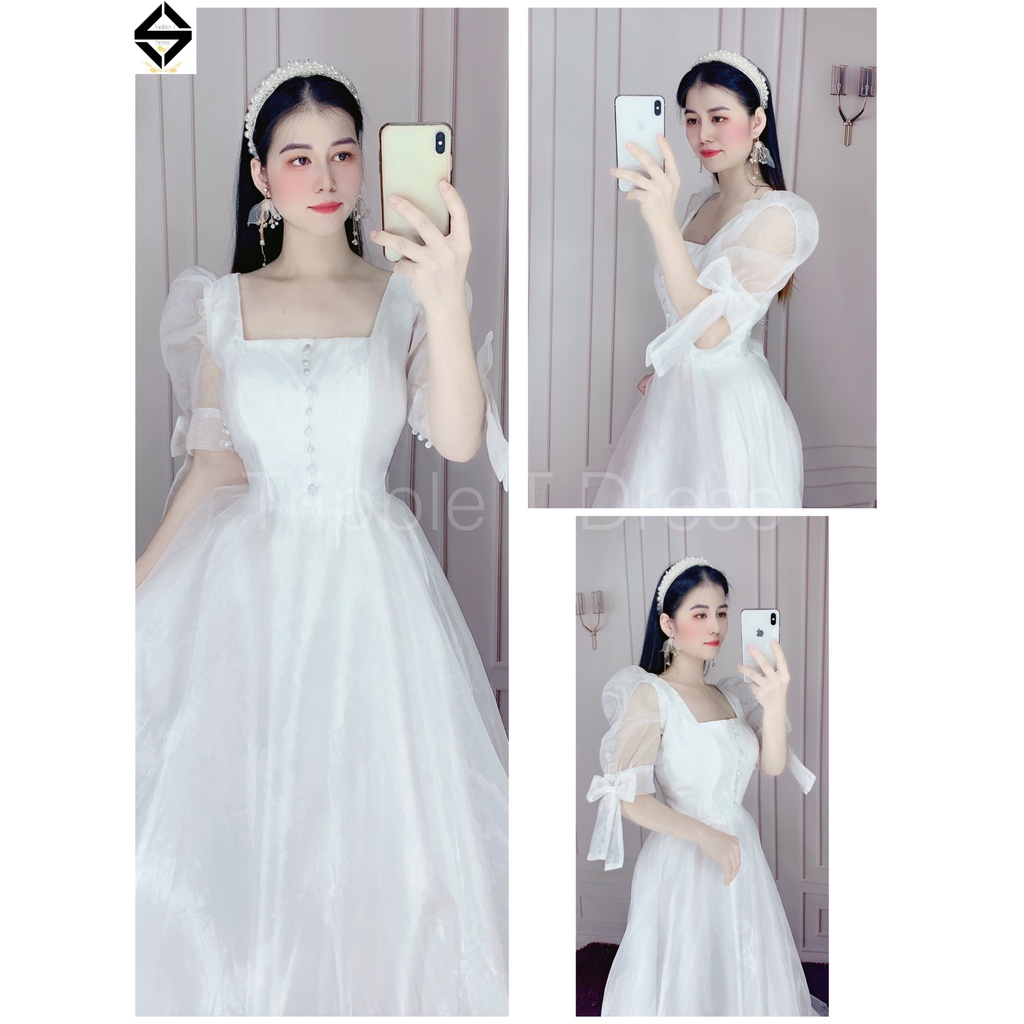 Đầm maxi cưới TRIPBLE T DRESS tay ngắn phồng kết nơ tay phối nút bọc - size S/M/L -MS162Y