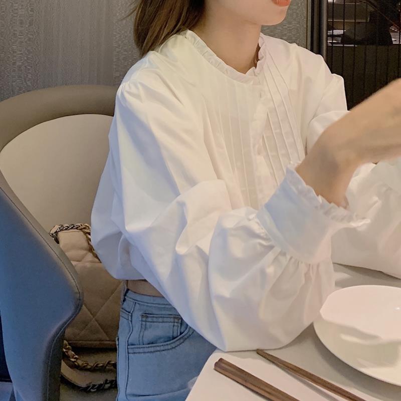 Áo Sơ Mi Trắng Cổ Đứng Dáng Rộng Xếp Ly Thời Trang Xuân Thu Dành Cho Nữ