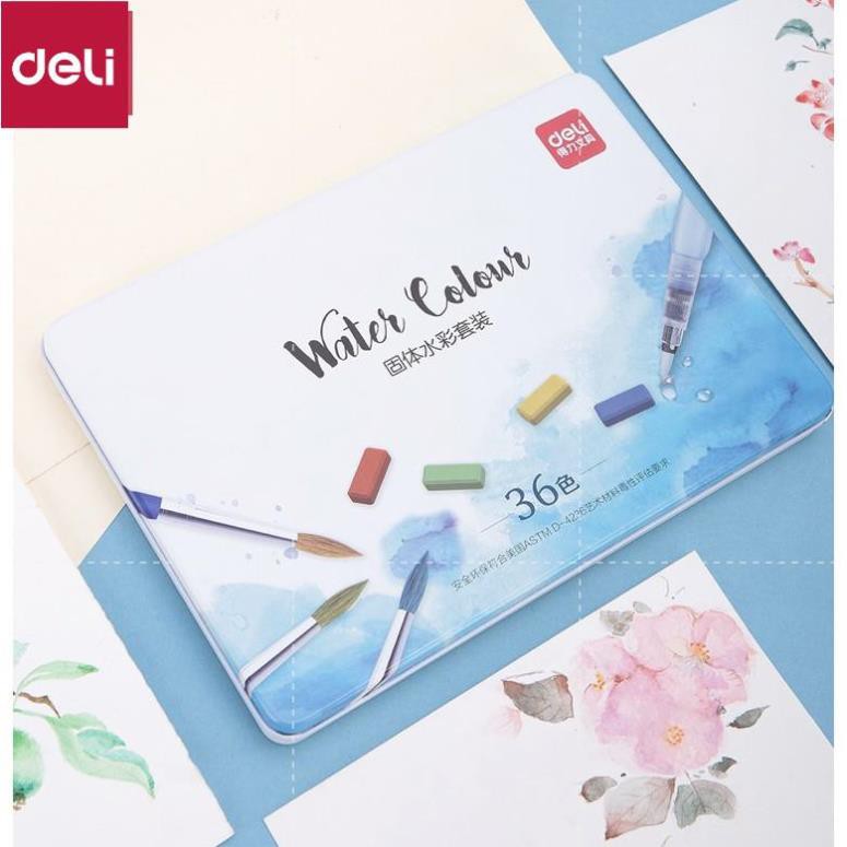 Bộ màu nước dạng nén Deli - 8 phụ kiện đi kèm - hộp sắt - 24 màu - 73876 [Deli]