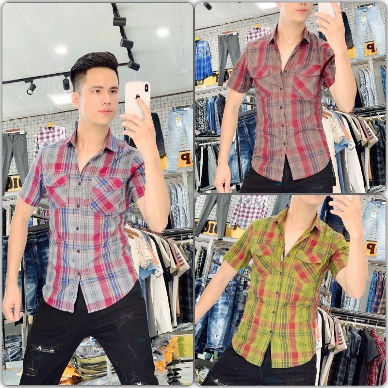 Áo sơ mi bbr nam ngắn tay loang màu kẻ sọc caro , chất liệu cotton thấm hút mồ hôi cực kỳ tốt