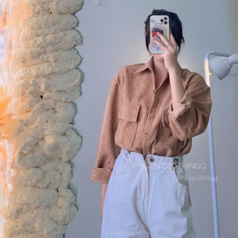 Áo khoác nhẹ dáng sơmi nhung gân gài nút unisex ulzzang nam nữ