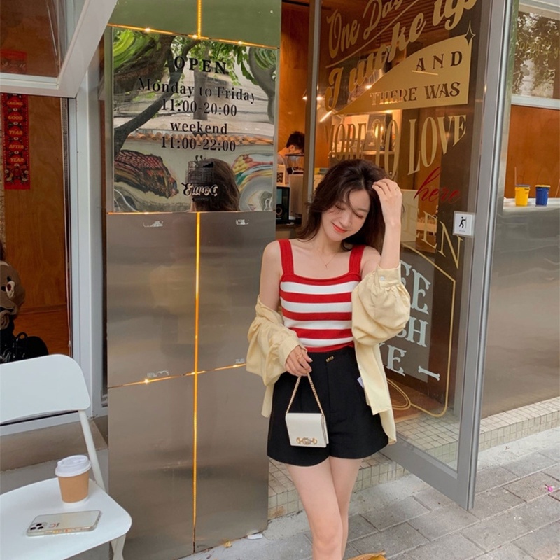 Áo Croptop Dệt Kim Sát Nách Cổ Vuông Họa Tiết Kẻ Sọc Màu Trơn Thời Trang Cho Nữ