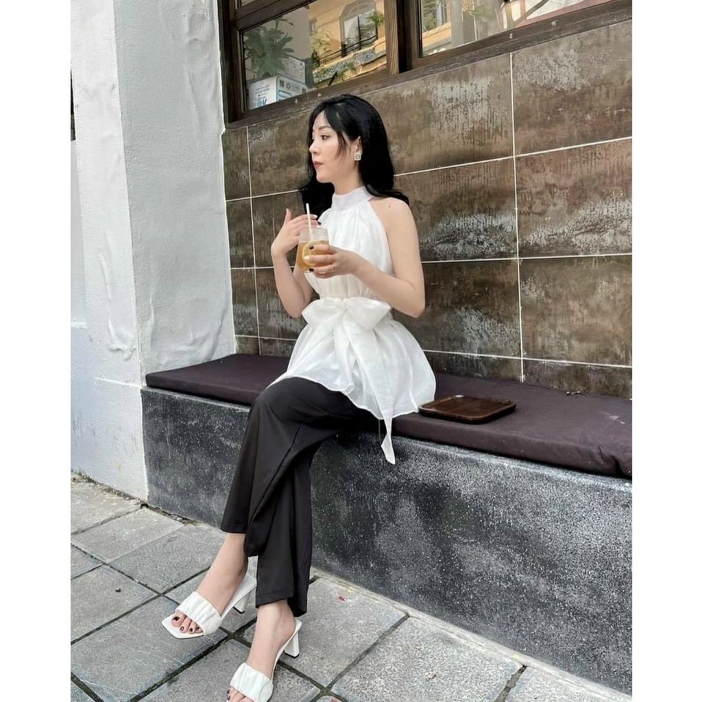 Áo kiểu nữ cổ yếm hở vai 2 lớp kèm dây đai, áo babydoll bánh bèo siêu xinh