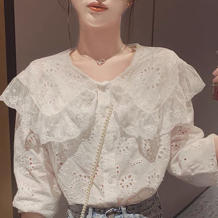 Áo sơ mi cổ búp bê phối ren màu trắng ngọt ngào phong cách Hàn Quốc thời trang mùa xuân mới cho nữ 2021 | BigBuy360 - bigbuy360.vn