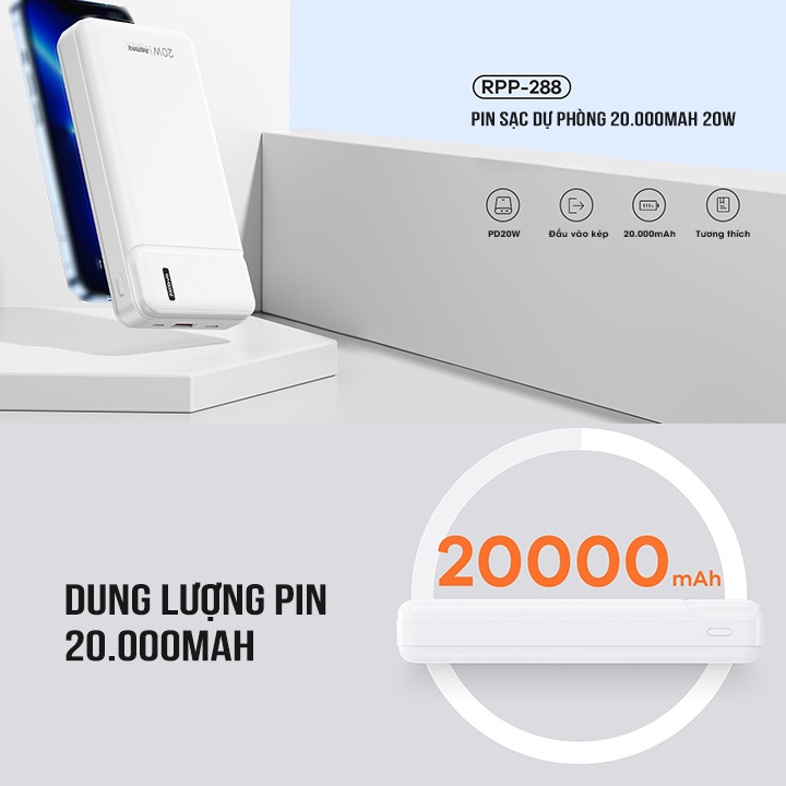 Pin dự phòng sạc nhanh Remax RPP-288 dung lượng 20000mAh - Hỗ trợ QC và PD 20W