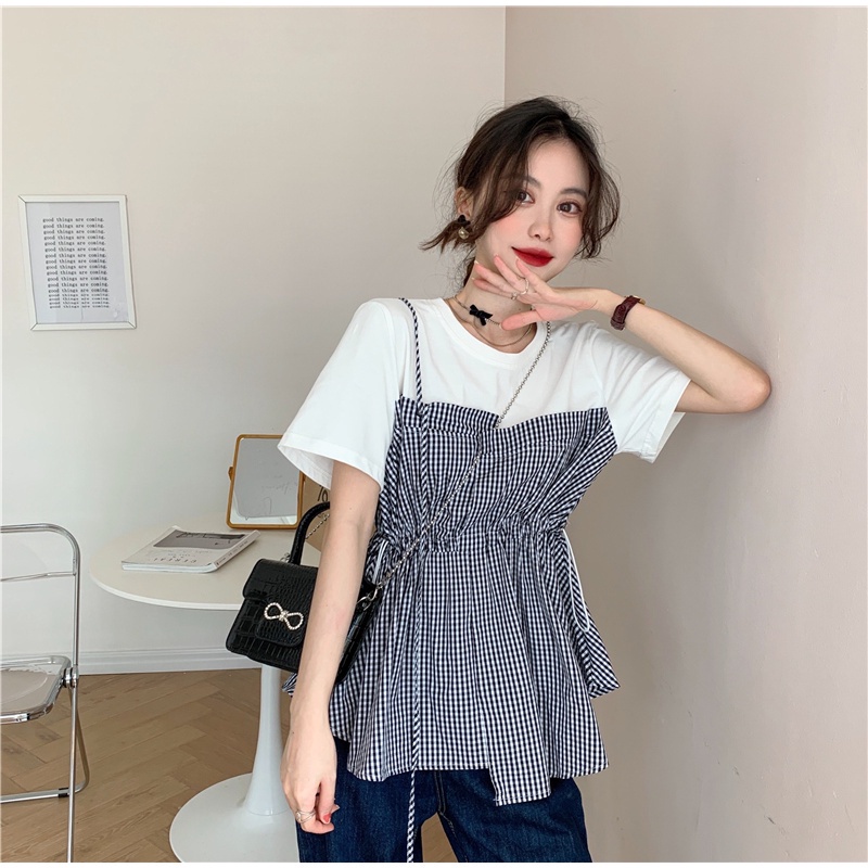 Áo thun tay ngắn cổ tròn in họa tiết sọc caro đơn giản