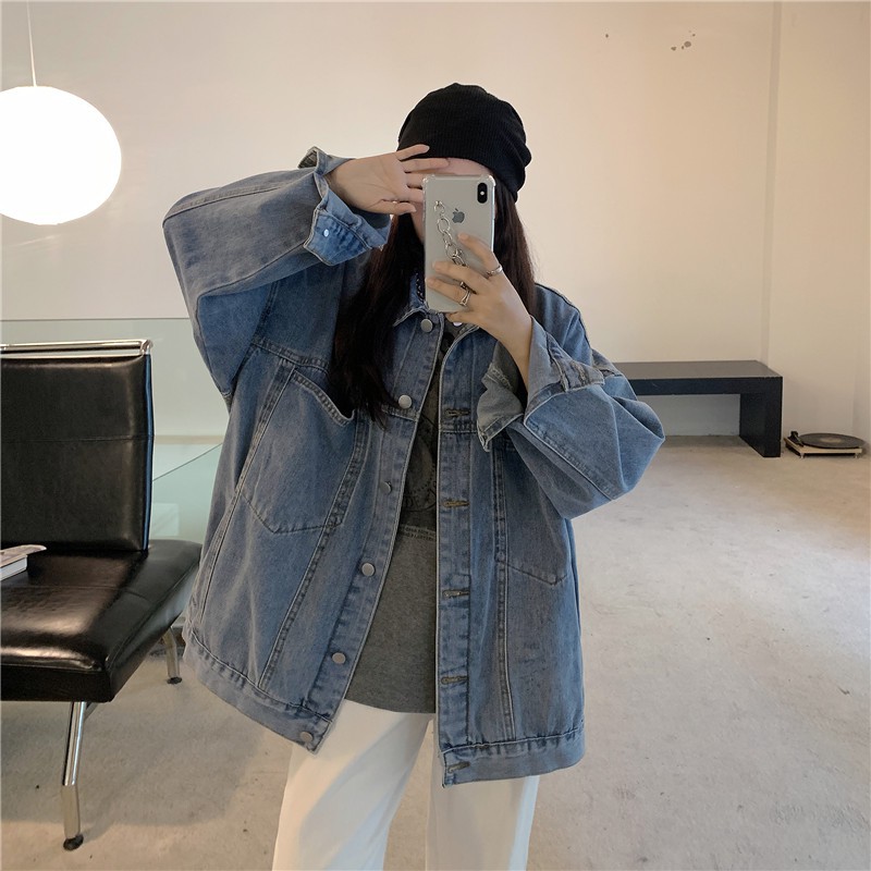 Áo khoác denim form rộng với túi to trước ngực phong cách Ullzang Hàn Quốc đầu thu Inin Shop