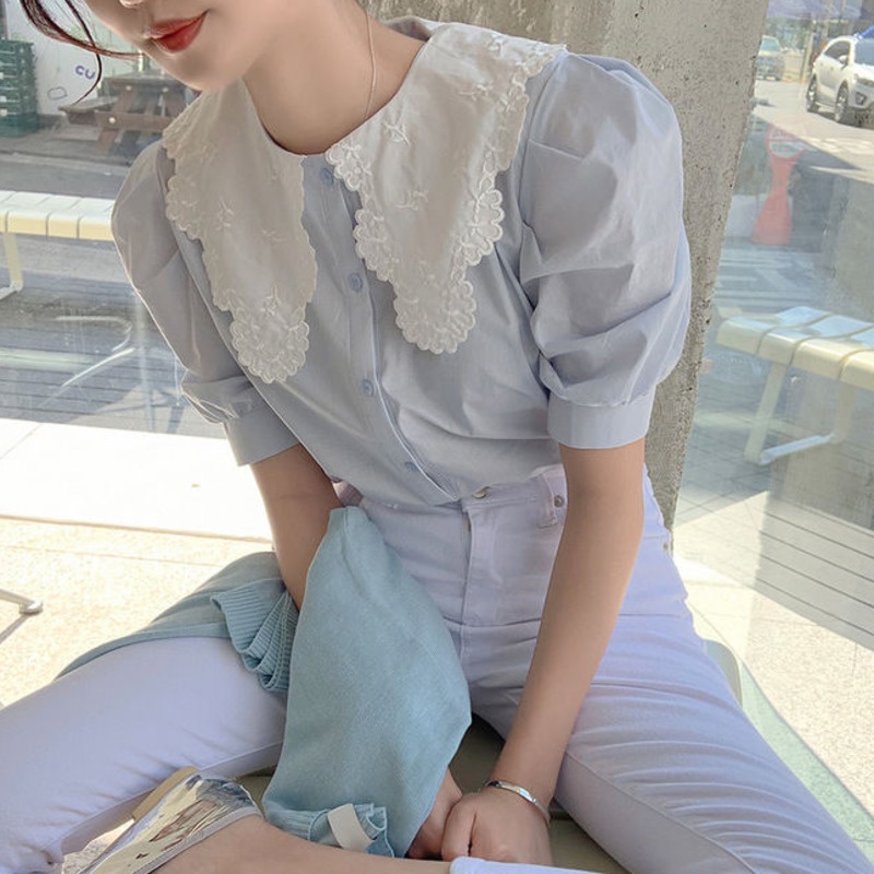 Áo Sơ Mi Tay Ngắn Cổ Búp Bê Màu Sắc Tương Phản Xinh Xắn 153244 Áo Sơ Mi Chui Đầu Dáng Rộng Phong Cách Phương Tây Ngọt Ngào