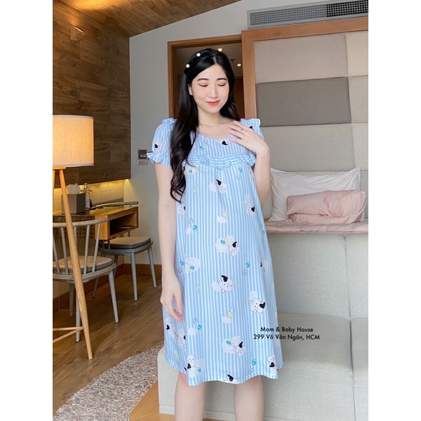 Đầm bầu tôn 2 da thái viền bèo ngực mặc nhà cả bầu và sau sinh mềm mát